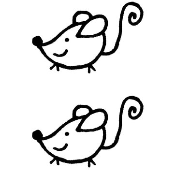 Cute hand-drawn cartoon mouse doodle with curly tail in black outline on white background