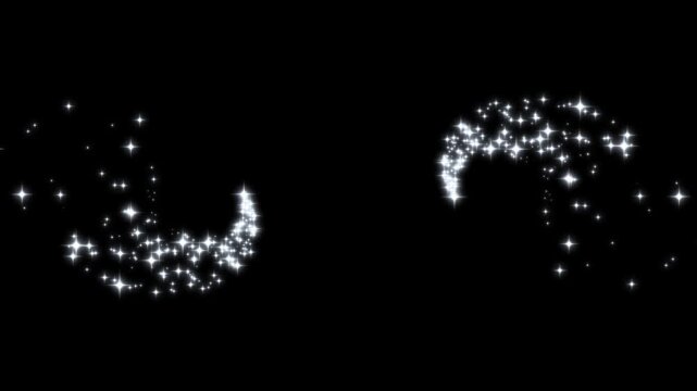 Shiny floating glitter particle stream overlay effect with magical glowing stardust motion graphics loop on black screen 4k stars, cartoon doodle sparkles, fairy dust glitter stars trail transition.