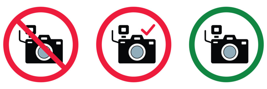 Warning sign, no photos and no camera prohibition icons with red circle and green allowed symbols for photography, video recording, and safety