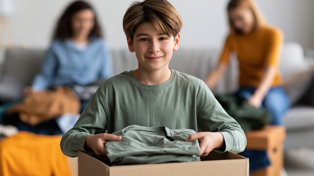Child packing folded shirt into donation box with adults sorting clothes in background