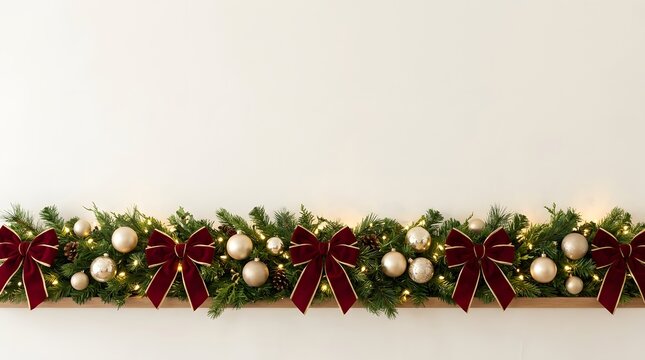 Christmas garland with white ornaments and red velvet bows on a plain white wall background
