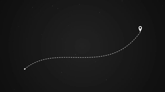 Minimalist animated map path with location pin icon. White dashed line moving on dark background. Travel route and navigation concept.