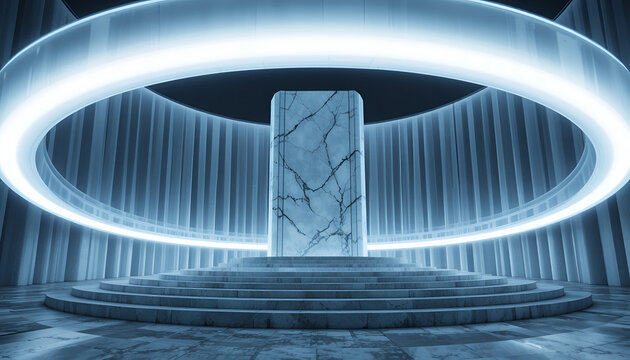 Futuristic marble monolith pedestal with glowing circular light ring in dark hall