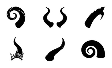 Fototapeta premium Black Horn Icons Set, Fantasy Creature Antlers, Devil Ram Goat Symbols, Vector Graphic Elements