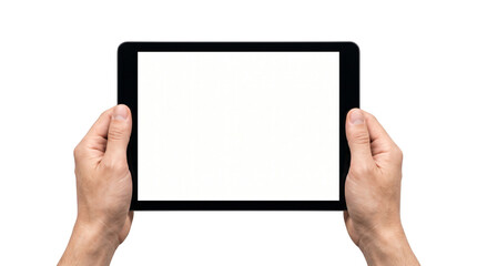 Hands Holding Digital Tablet White Blank Screen Mockup Isolated on Black - Portable Device UI UX Display Frame PNG Cutout © PNG CREATOR