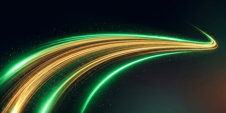 Abstract Green and Gold Sparkling Light Trails on Dark Background