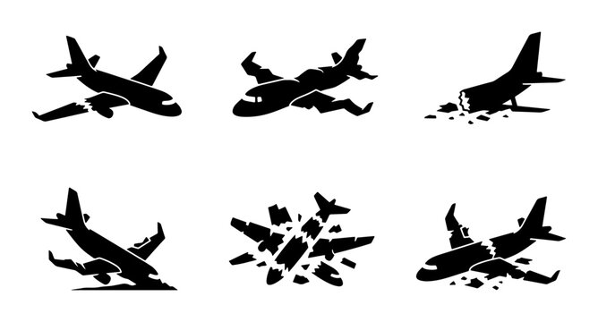 Airplane Crash Icons, Aviation Disaster Symbols, Aircraft Accident Vector Graphics, Flight Failure Set