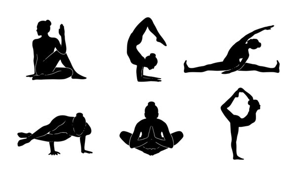 Yoga Poses Silhouettes, Six Dynamic Asanas Vector Set, Wellness and Fitness Icons