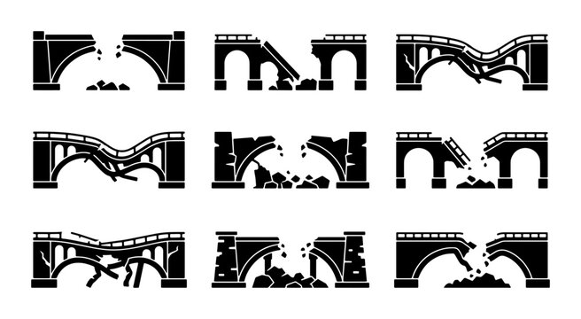 Damaged Bridge Icons, Collapsed Structures, Ruined Architecture, Vector Set
