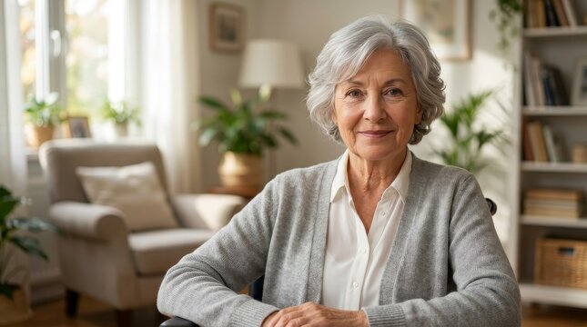 Portrait of a Smiling Senior Woman Relaxing in a Bright Cozy Living Room