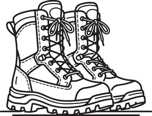 Fototapeta premium Hiking Boots Line Art Vector Illustration, Outdoor Trekking and Adventure Footwear.