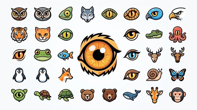 Animal Eye Icon Collection with Oversized Center Illustration and Wildlife Anatomy Symbols