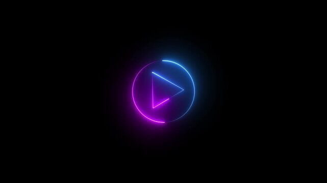 Neon glowing Play button animation on black background. Play button icon neon animation. Music play button icon animation. 4k motion video.