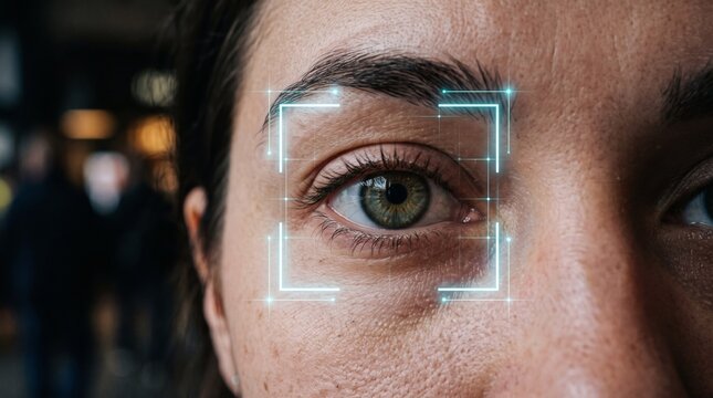 Close up of a human eye with a digital facial recognition scan overlay