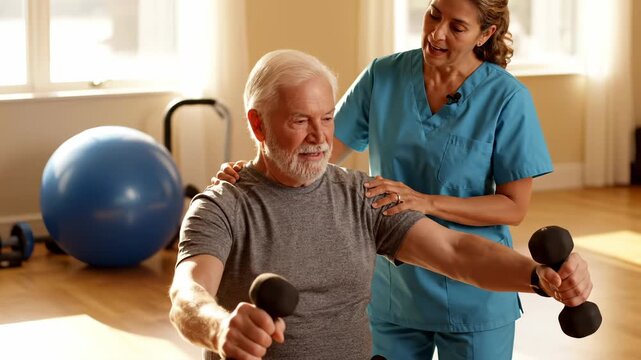Physiotherapist helps senior man exercise with dumbbell in rehabilitation gym. Therapist guides elderly patient using weight. Senior man lifts dumbbell with physiotherapist help in therapy gym.