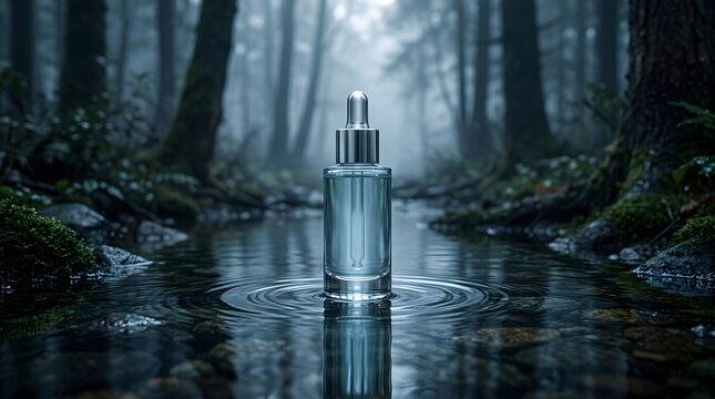 Mysterious futuristic structure rising from a dark swampy forest with reflective water