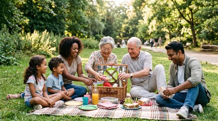 Fototapeta premium Multi generational family enjoying a sunny picnic in a lush green park with trees and dappled sunlight