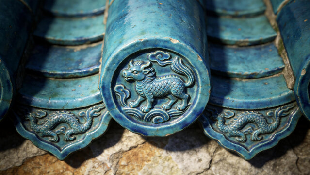 Blue glazed roof tiles with mythical creature