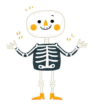 PNG Cute skeleton illustration with cheerful expression.