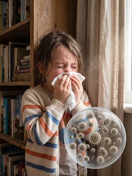 Child sneezing indoors with visual allergen particles near face