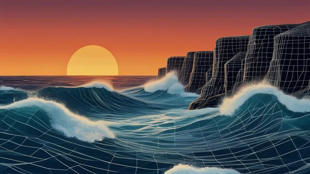 Retro Wave Sunset Over Digital Ocean and Wireframe Cliffs