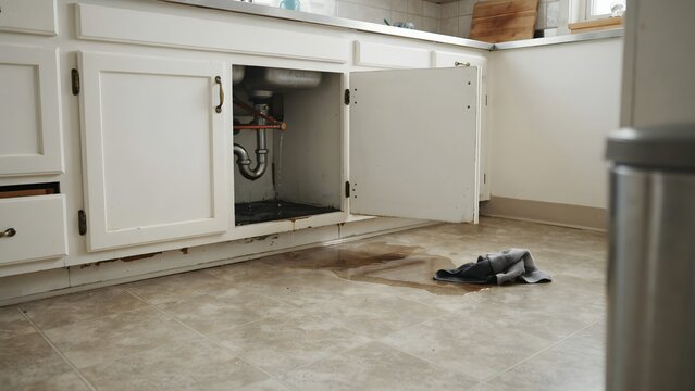 Water Leak Under Kitchen Sink with Wet Floor and Open Cabinet Door