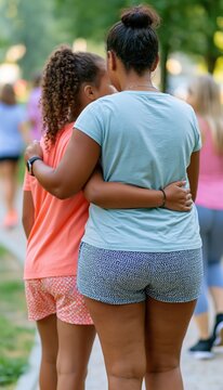 Parent and child sharing supportive side hug on jogging trail