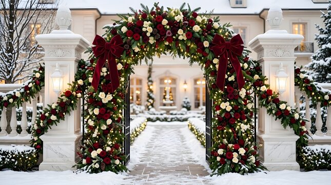 Grand entrance gate of a luxury mansion decorated with festive christmas garlands and golden ornaments outdoors