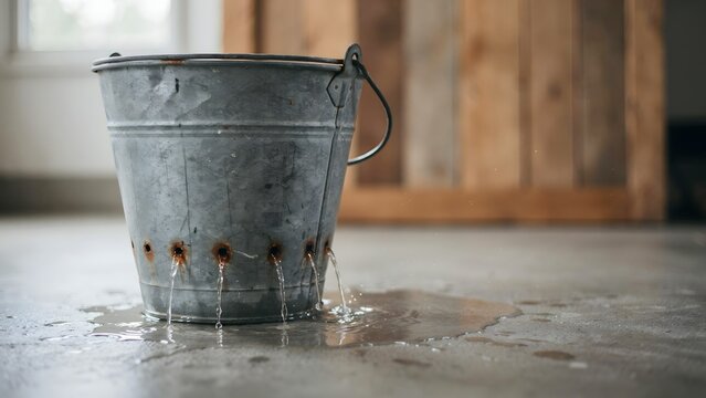 Rusty Metal Bucket Leaking Water on Wooden Background Focused