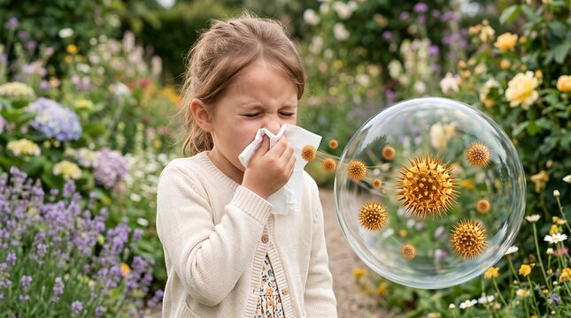 Young girl sneezing outdoors with macro pollen particle effect