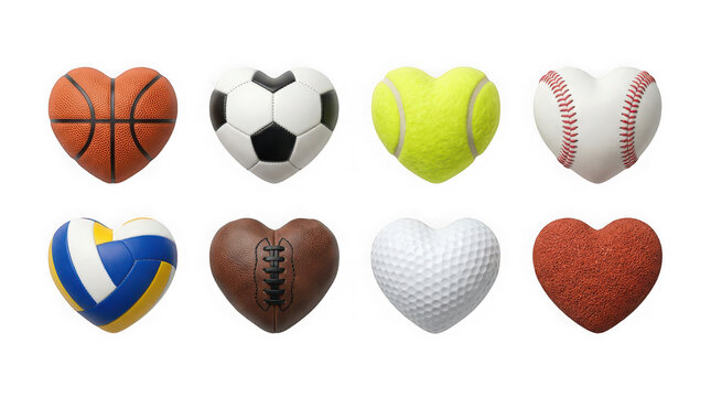 Set of heartshaped sports balls, isolated on transparent background