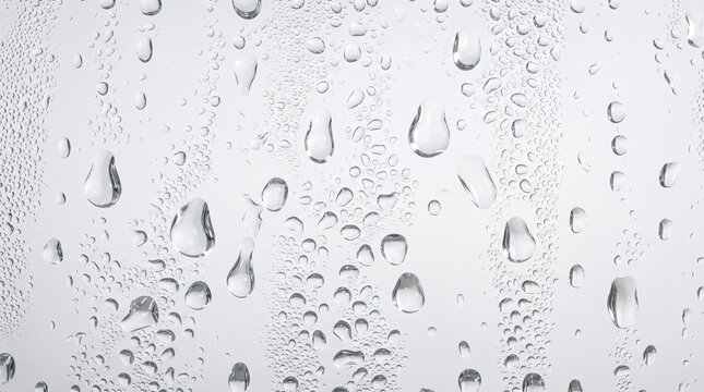Water Drops on Window Glass with Blurred Rain Streaks on White Background
