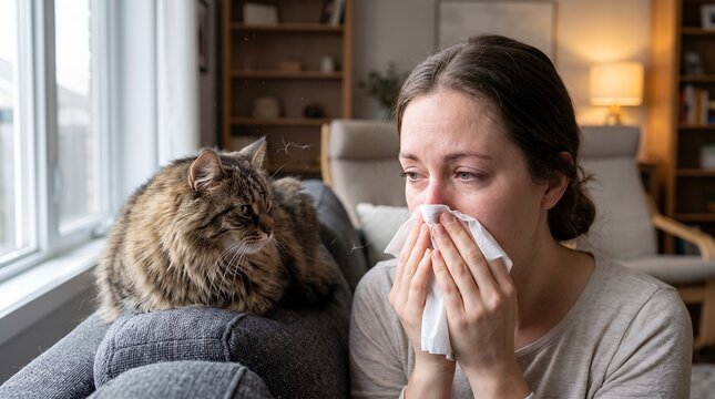 Woman sneezing beside a cat indoors with symptoms of pet allergy