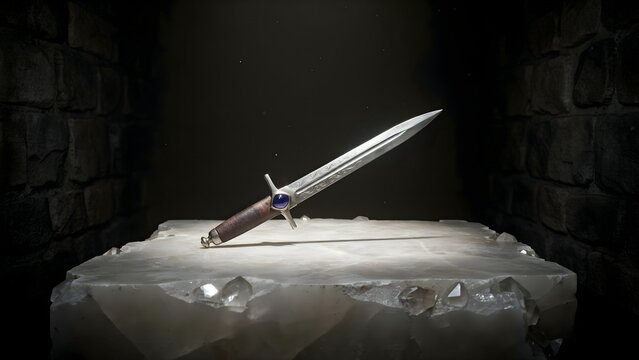 Majestic Sword Display on Stone Pedestal with Dramatic Lighting