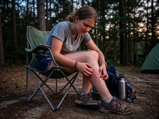 Fototapeta premium Woman at a campsite with irritated leg after possible insect exposure