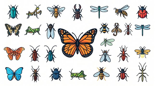 Insect Icon Collection with Oversized Center Illustration and Diverse Bug Symbols