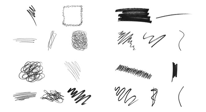Set of black hand drawn pencil scribble marks and messy sketch lines for creative design projects and digital art