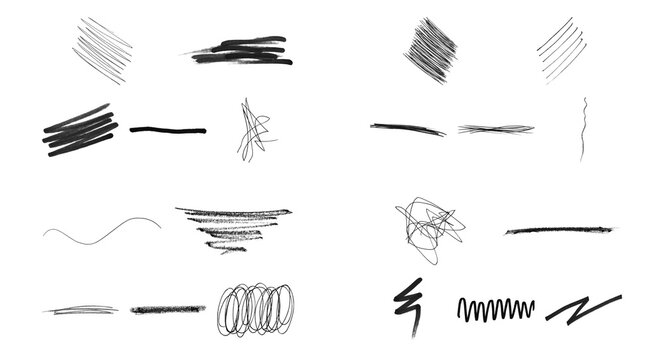 Set of black hand drawn pencil strokes and scribble lines for design elements and creative artistic sketch textures