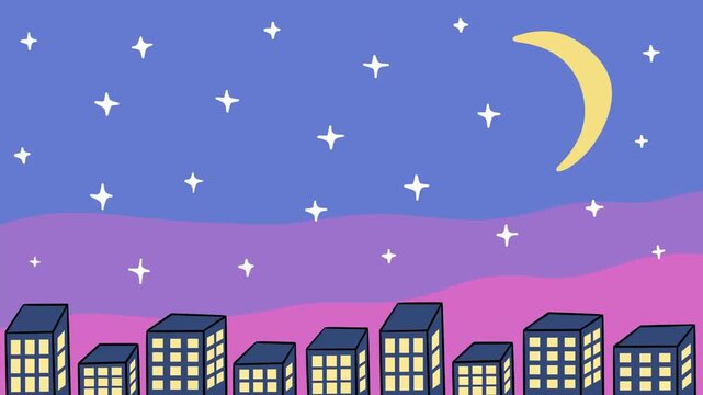 hand drawn simple cartoon the city lights under a crescent moon and starry sky
