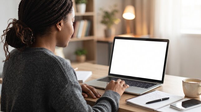 Black Woman Working on Laptop with Blank White Screen Mockup at Home Desk