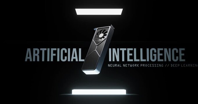 Computer graphics processing unit floating in dark space with typing and scrolling text highlighting artificial intelligence computing power