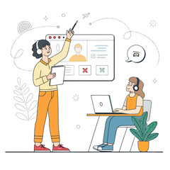 Fototapeta premium Online tutor guiding student through a virtual lesson on computer.