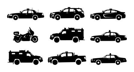 Police Vehicle Icons Set: Patrol Cars, Motorcycle, Armored SUVs, Black Silhouette Vector Graphics © Aditya