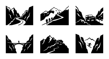 Fototapeta premium Mountain Adventure Icons: Scenic Landscapes, Outdoor Sports, and Travel Vector Graphics