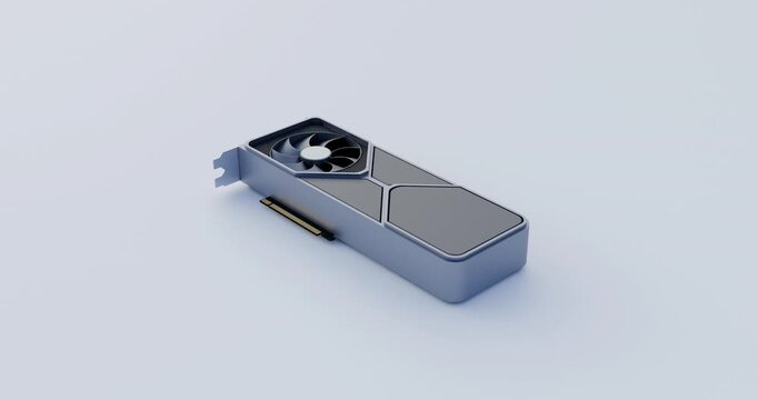 Computer graphics processing unit scaling up and dropping to bounce on clean white background for hardware showcase