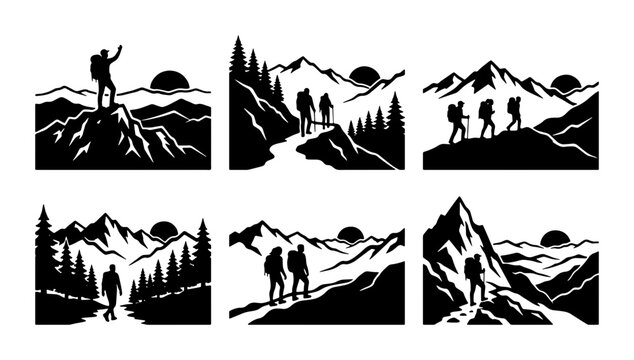 Mountain Hiking Silhouettes, 6 Vector Scenes, Adventure & Exploration Graphics