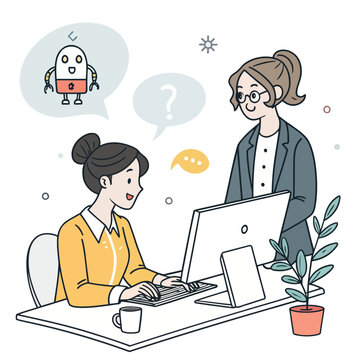 Colleagues in office environment discussing artificial intelligence implementation and robot assistance.