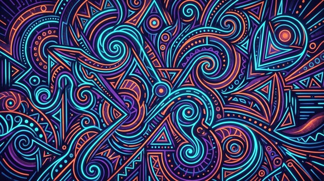 Neon Geometric Paisley Pattern on Dark Cyber Background