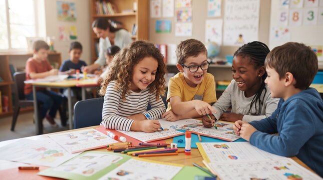 Top View of Elementary School Kids Working on Creative Art and Color Projects in Classroom