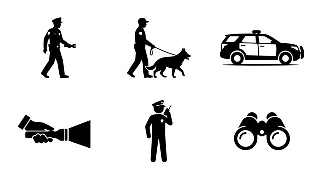 Police Officer Icons Set: Security, K9 Unit, Patrol Car, Flashlight, Radio, Binoculars